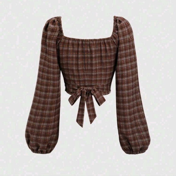 Women's Vintage Elegant Plaid Bow Tie Waist Slim Fit Lantern Sleeve Blouse - Picture 2 of 5